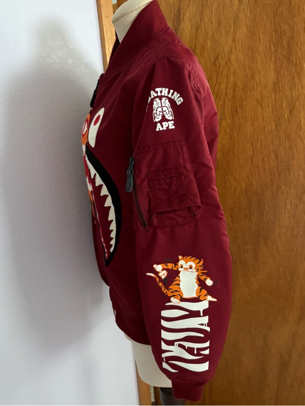 BAPE SHARK sz S Red Maroon Padded Bomber Jacket Bathing Ape Japan - Picture 4 of 16